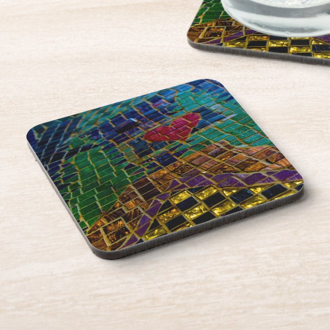 Colorful Red Heart Mosaic Beverage Coaster (Left Side)