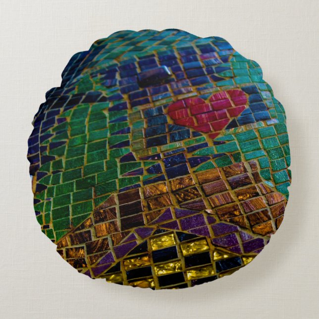 Colorful Red Heart Mosaic Round Pillow (Front)