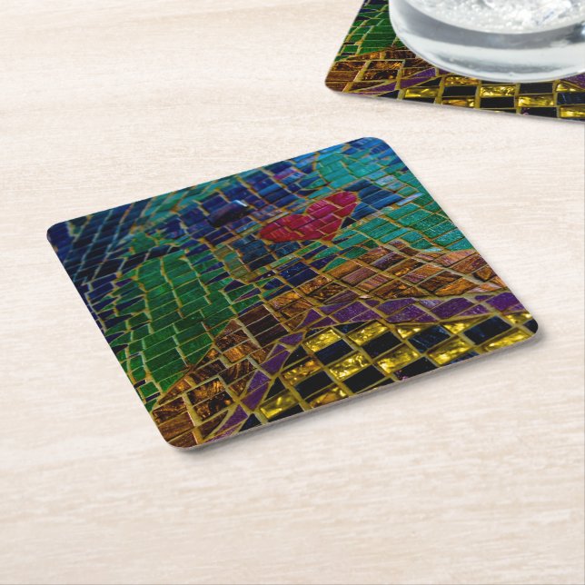Colorful Red Heart Mosaic Square Paper Coaster (Angled)