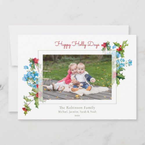 Colorful Red Holly and Blue Forget Me Nots Photo Holiday Card