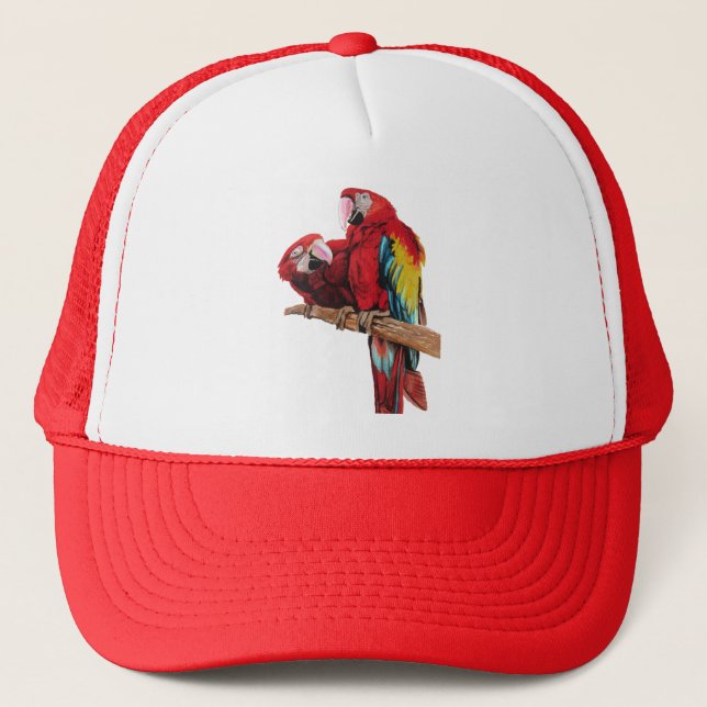 Colorful Red Macaw Watercolor Painting Design Trucker Hat (Front)