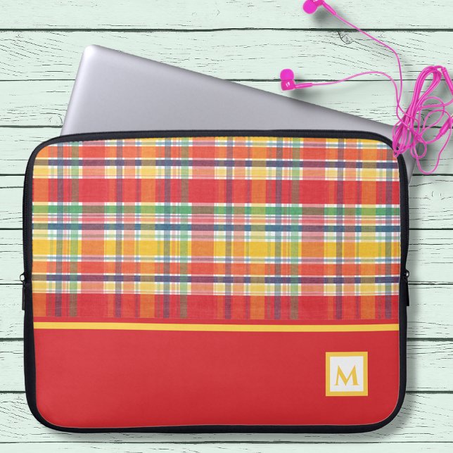 Colorful Red Madras Plaid Monogram Laptop Sleeve (Creator Uploaded)