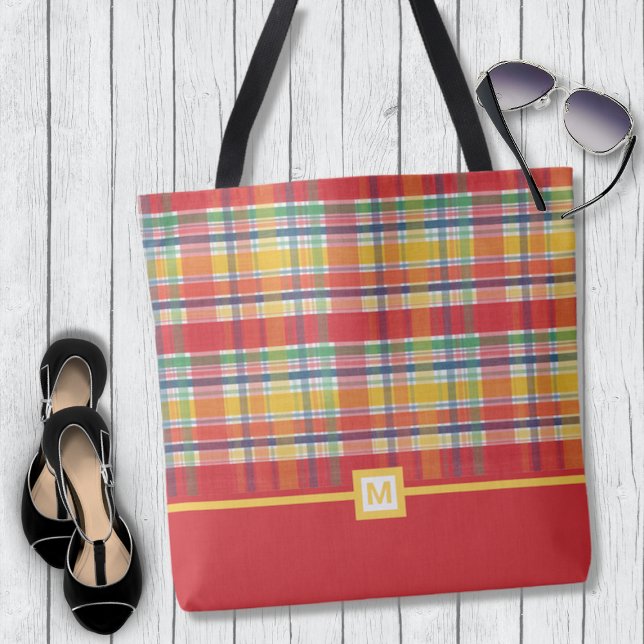 Colorful Red Madras Plaid Monogram Tote Bag (Creator Uploaded)
