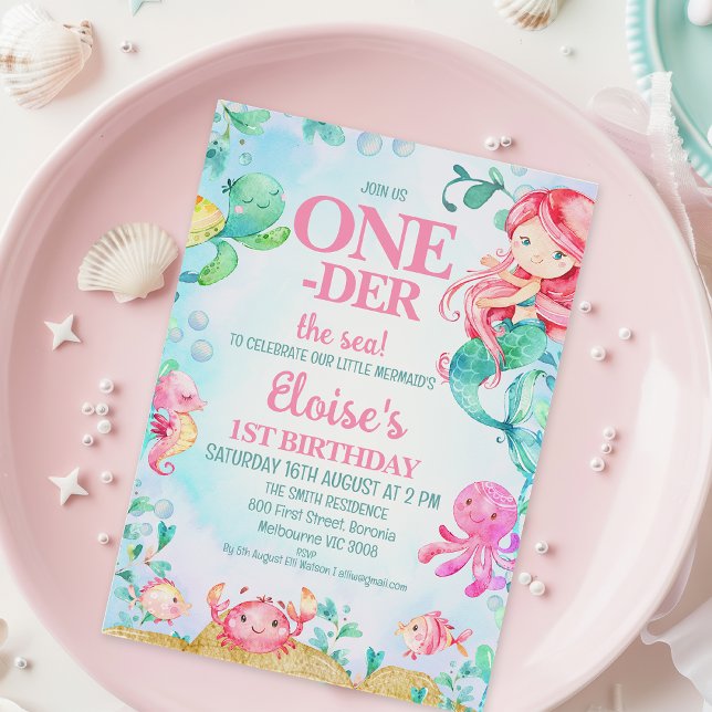 Colorful Red Mermaid Oneder the Sea 1st Birthday Invitation (Oneder the Sea 1st Birthday Invitation with Mermaid, Under The Sea First Birthday Invitation Girl, )