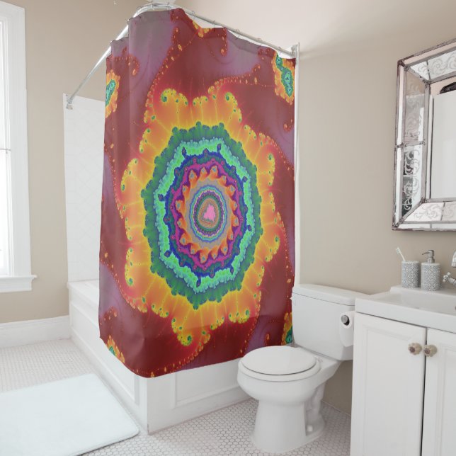 Colorful Red, Orange and Green Fractal Shower Curtain (In Situ)