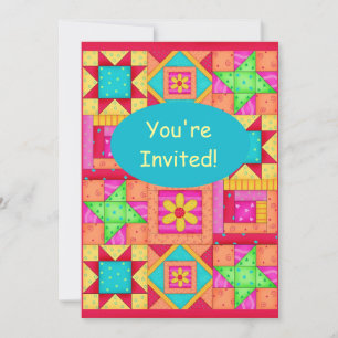 Colorful Red Orange Pink Patchwork Quilt Block Art Invitation