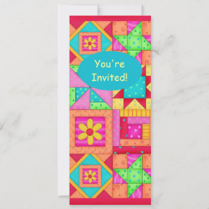 Colorful Red Orange Pink Patchwork Quilt Block Art Invitation