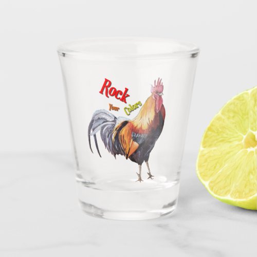 Colorful Red Orange Realistic Rooster Painting Shot Glass