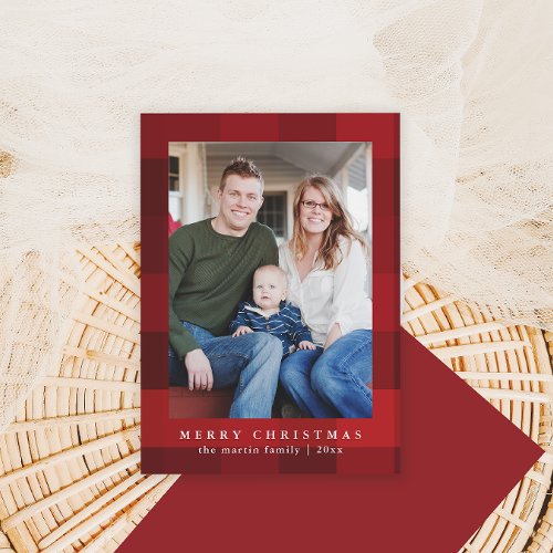 Colorful Red Plaid Print Front Christmas Holiday Card