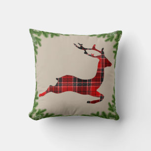 Colorful Red Plaid Reindeer Christmas Holiday Throw Pillow