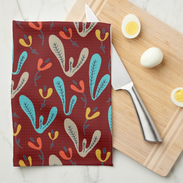 Colorful Red Retro Fall Flowers & Botanical Kitchen Towel (Quarter Fold)