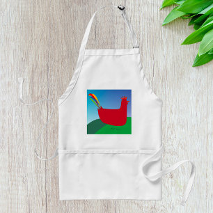 Colorful Red Rooster with Rainbow Tail on Hill Adult Apron