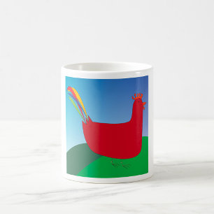 Colorful Red Rooster with Rainbow Tail on Hill Coffee Mug