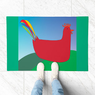 Colorful Red Rooster with Rainbow Tail on Hill Doormat
