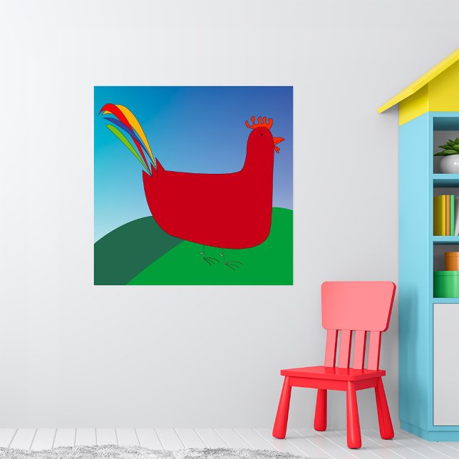 Colorful Red Rooster with Rainbow Tail on Hill  Poster (Creator Uploaded)