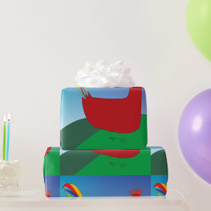 Colorful Red Rooster with Rainbow Tail on Hill Wrapping Paper