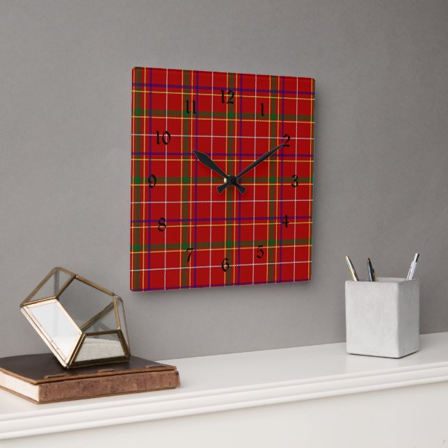 Colorful Red Tartan Plaid Square Wall Clock (Office)