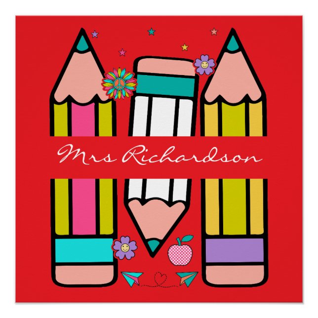 Colorful Red Teacher Cartoon Pencil  Poster (Front)