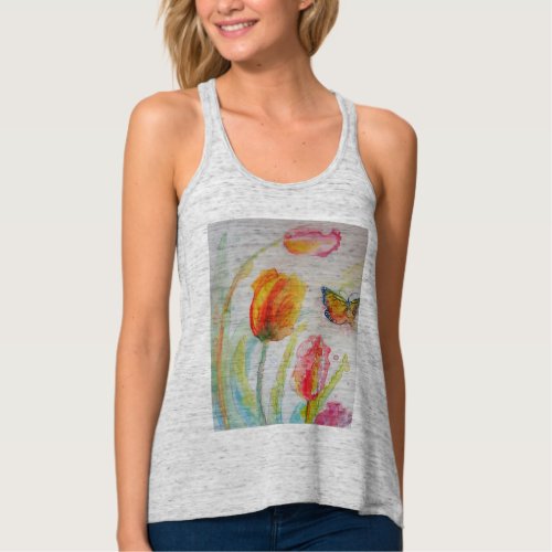 Colorful Red Tulip floral Watercolor Art Flower Tank Top