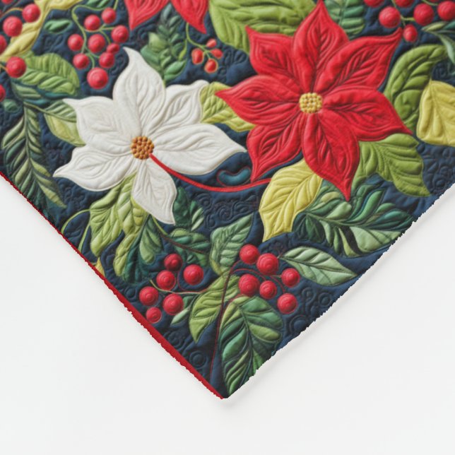 Colorful Red White Poinsettia Quilt Pattern Fleece Blanket (Corner)
