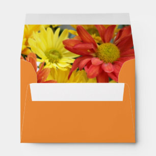 colorful red, yellow, orange daisy flowers wedding envelope