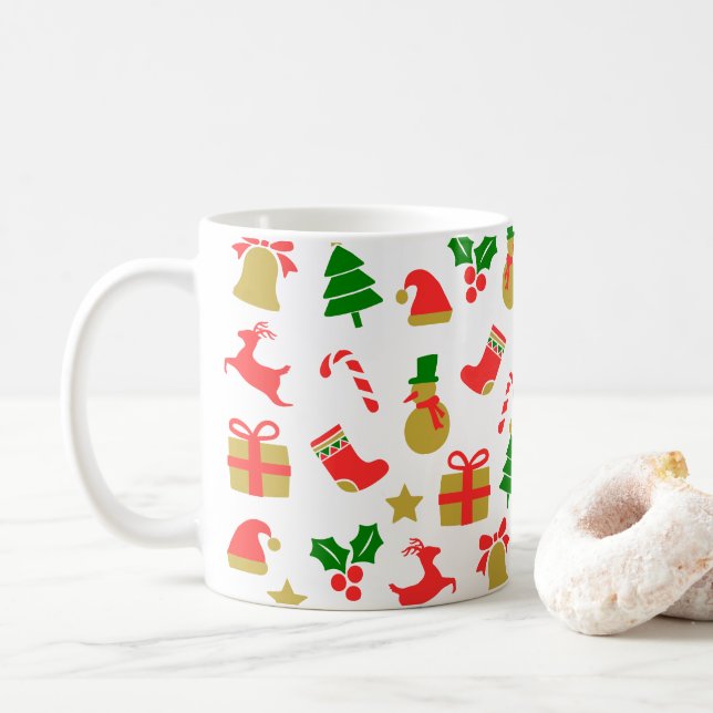 Colorful Reindeer Christmas Tree Festive Holiday Coffee Mug (With Donut)