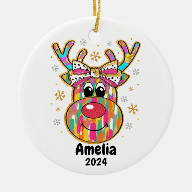 Colorful Reindeer Coquette Bow  Christmas Ornament (Front)