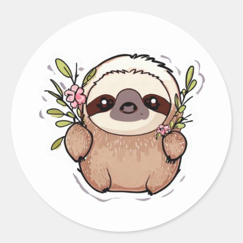 Colorful Relaxing and cute Sloth Animal and Fowers Classic Round Sticker