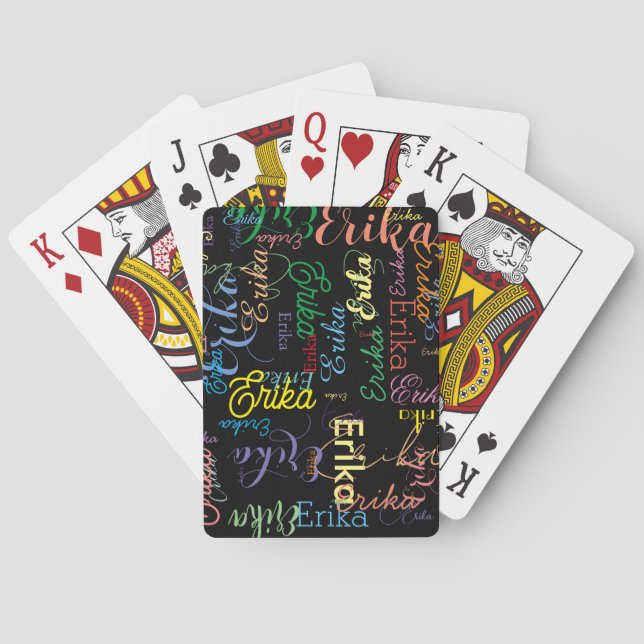 Colorful Repeating Girly Calligraphy Names Black Poker Cards (Back)