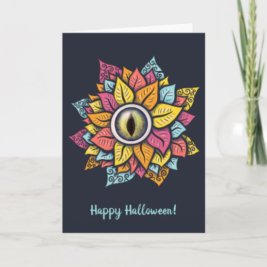 Colorful Reptile Eye Flower Happy Halloween Card