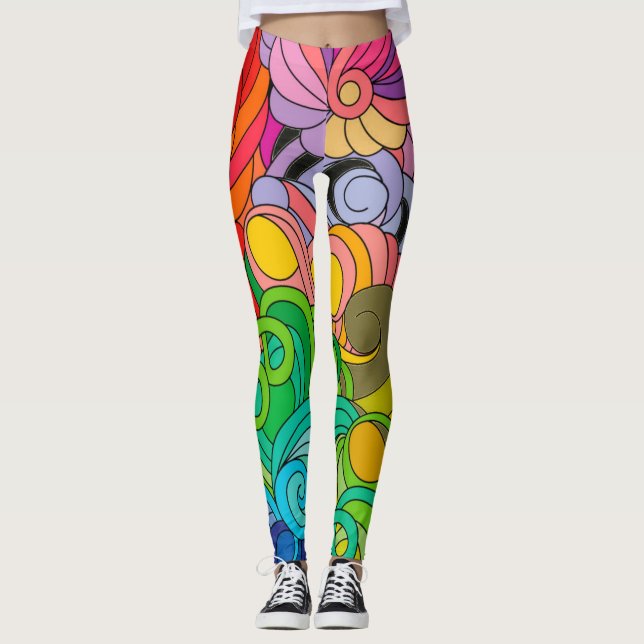 Colorful Retro 1960s Flower Power Leggings (Front)