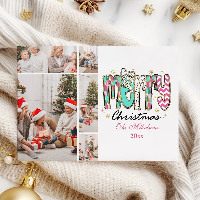 Colorful Retro 5 Photo  Merry Christmas Holiday Card (Creator Uploaded)