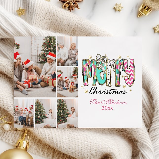Colorful Retro 6 Photo  Merry Christmas Holiday Card (Creator Uploaded)