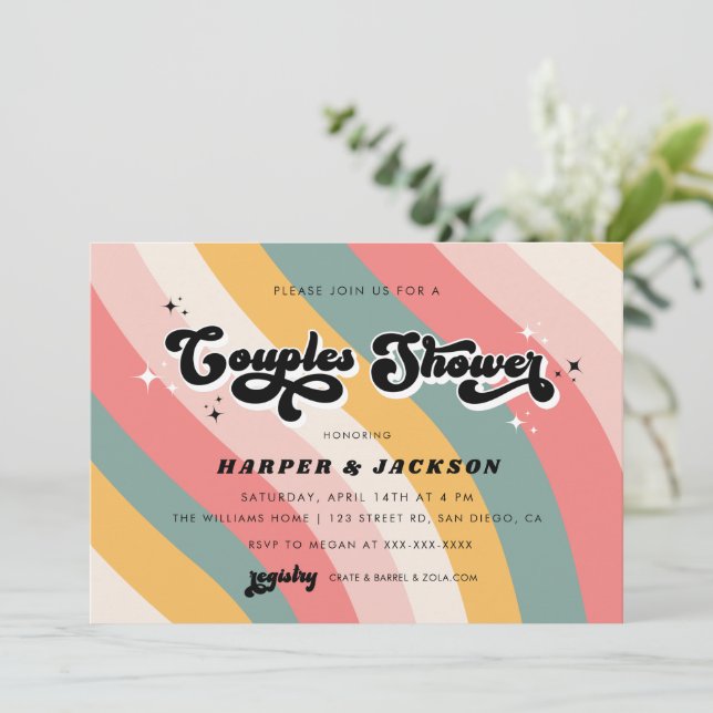 Colorful Retro 70s Couples Shower Invitation (Standing Front)