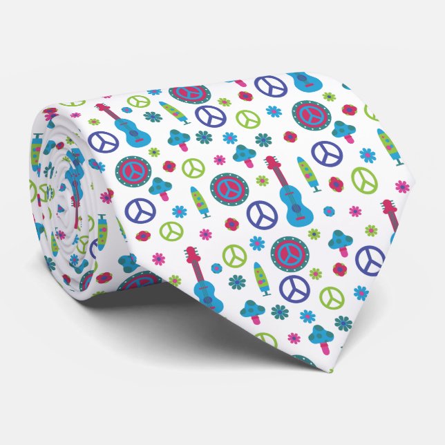 Colorful Retro 70's Peace Sign Pattern Neck Tie (Rolled)