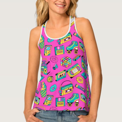 Colorful Retro 80s Girly Bright Neon Pink Pattern Tank Top