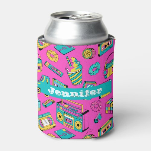 Colorful Retro 80s Girly Neon Pink Pattern Name Can Cooler