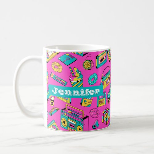 Colorful Retro 80s Girly Neon Pink Pattern Name Coffee Mug