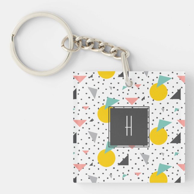 Colorful Retro 90's Pattern Monogram Photo Keychain (Front)