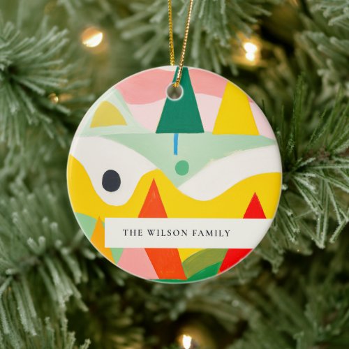 Colorful Retro Abstract Christmas Landscape Photo Ceramic Ornament