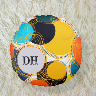 Colorful Retro Abstract Dots Personalize Monogram  Round Pillow