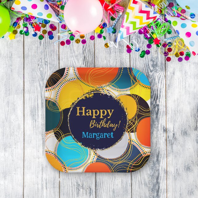 Colorful Retro Abstract Happy Birthday Personalize Paper Plates (Creator Uploaded)
