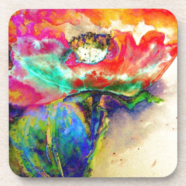 Colorful retro Abstract Poppy watercolor  Beverage Coaster (Front)