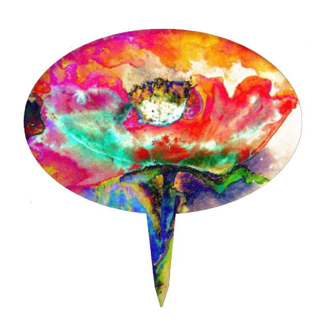Colorful retro Abstract Poppy watercolor  Cake Topper (Front)