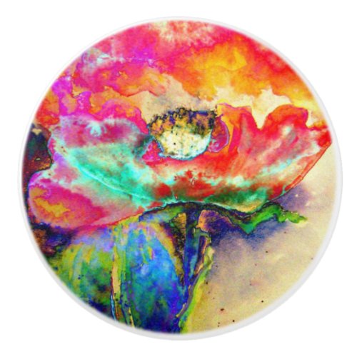 Colorful retro Abstract Poppy watercolor  Ceramic Knob