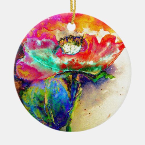 Colorful retro Abstract Poppy watercolor  Ceramic Ornament