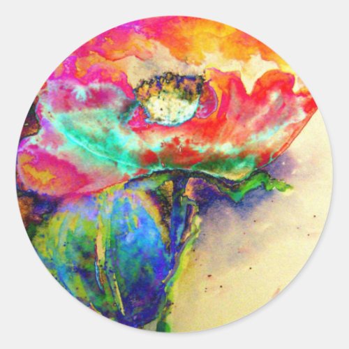 Colorful retro Abstract Poppy watercolor  Classic Round Sticker