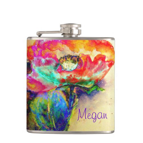 Colorful retro Abstract Poppy watercolor  Flask