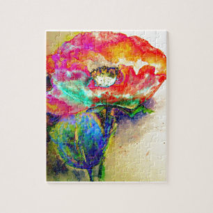 Colorful retro Abstract Poppy watercolor Jigsaw Puzzle