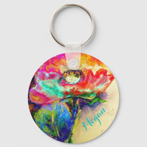 Colorful retro Abstract Poppy watercolor  Keychain